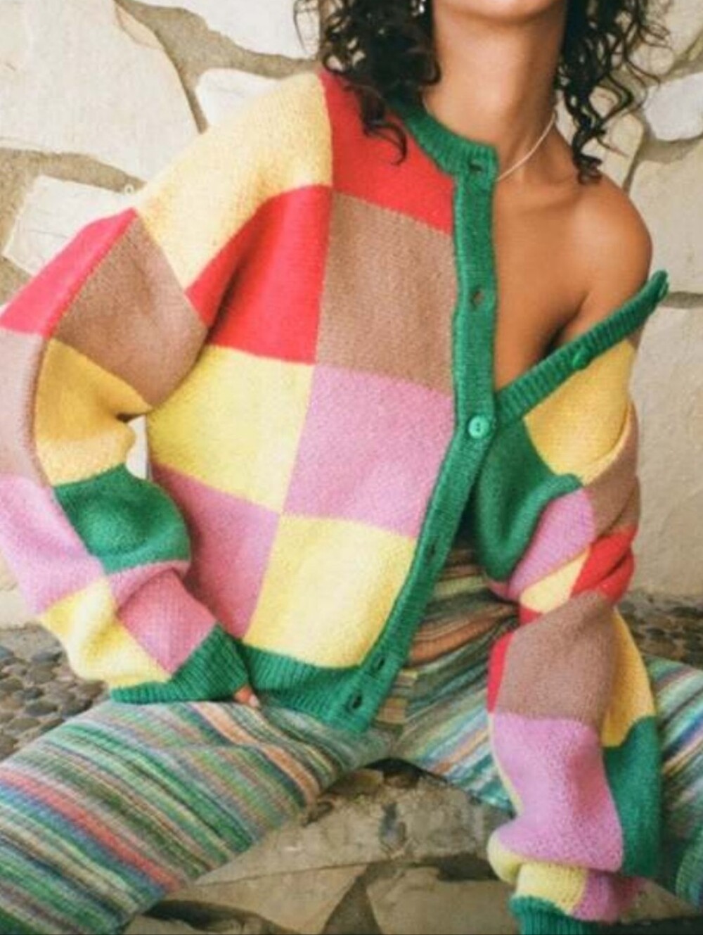 Lisa Says Gah Lauda Colorblock Button-Front Cardigan Sweater in Green, Pink